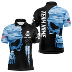 Maxcorners Blue Camo Skull American Flag Mens Darts Polo Shirt Custom Patriotic Dart Jerseys For Men