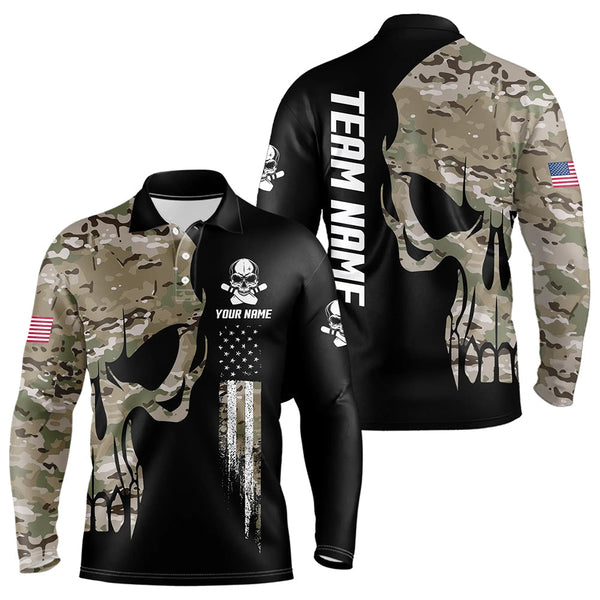 Maxcorners Skull Camouflage American Flag Mens Bowling Shirts Custom Patriotic Bowling Team Jerseys For Men And Women