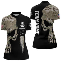 Maxcorners Skull Camouflage American Flag Mens Bowling Shirts Custom Patriotic Bowling Team Jerseys For Men And Women