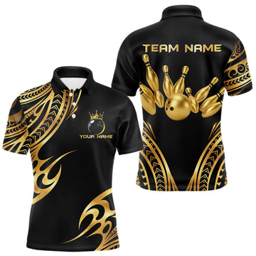 Maxcorners Black and Gold tribal pattern Bowling Polo, Quarter Zip Shirts For Men Custom Bowling Team Jerseys