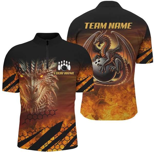 Maxcorners Bowling Ball And Pins Black And Orange Dragon Flame Customized Name, Team Anme 3D Polo Shirt