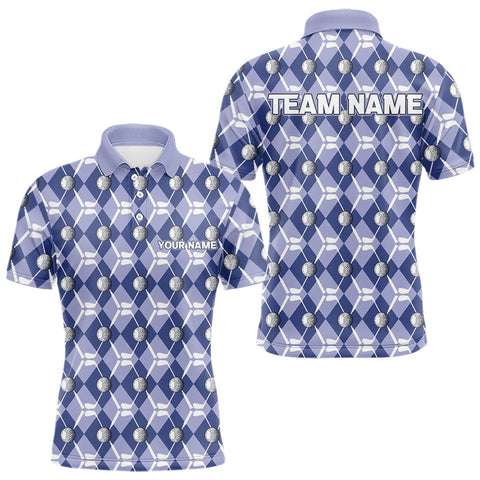Maxcorners Mens golf polo shirts custom blue argyle plaid pattern golf attire for men, golfer gifts MT2108