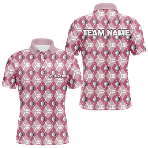 Maxcorners Mens golf polo shirts custom pink argyle plaid pattern golf attire for men, golfer gifts MT2108