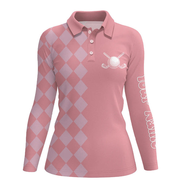 Maxcorners Pink argyle pattern Womens Golf Polo Shirts custom golf tops for women, cool golf gifts