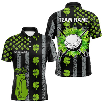 Maxcorners Custom Black Grunge US Flag Green Shamrock St Patrick Golf Polo Shirts For Men Patriotic Golf Shirts LM1104