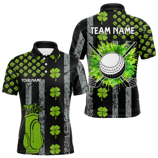 Maxcorners Custom Black Grunge US Flag Green Shamrock St Patrick Golf Polo Shirts For Men Patriotic Golf Shirts LM1104