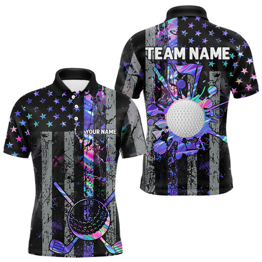 Maxcorners Black American Flag Hologram Mens golf polo shirts Custom patriotic mens golf shirts, best golf gifts LM1202