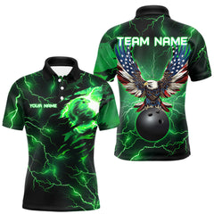 Maxcorners Green lightning thunder bowling American flag Eagle custom Mens Bowling Polo, Quarter Zip Shirts LM2206