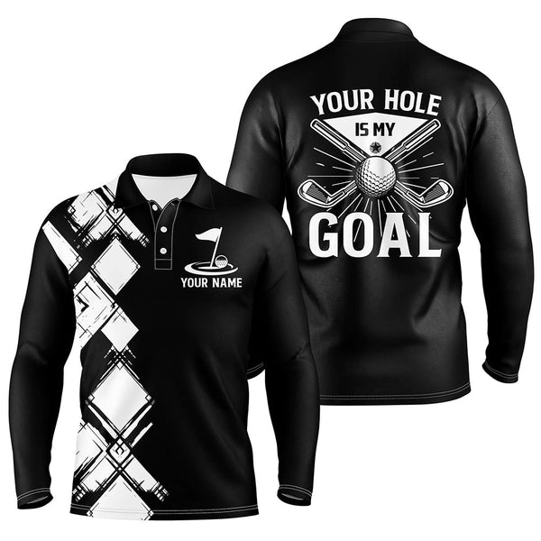 Maxcorners Black and white argyle pattern Men golf polo shirts custom golf outfits men your hole is my goal