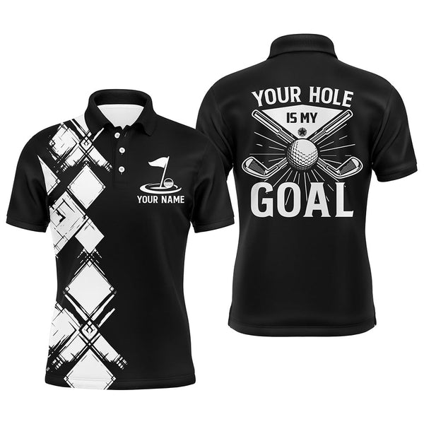 Maxcorners Black and white argyle pattern Men golf polo shirts custom golf outfits men your hole is my goal