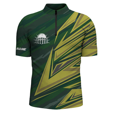 MaxCorners Bowling Ball And Pins Green Yellow Camo Customized Name, Team Name 3D Stand Collar Zipper Polo Shirt