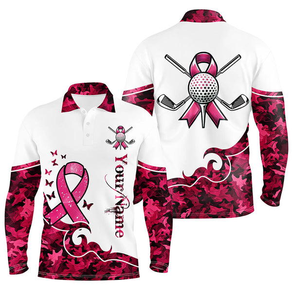 Maxcorners White and Pink camo ribbons Mens Golf Polo Shirts custom breast cancer golf shirts for men, golf gifts