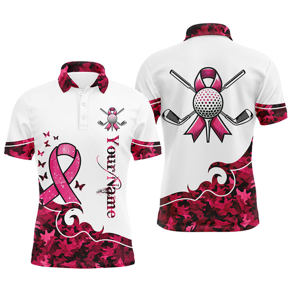 Maxcorners White and Pink camo ribbons Mens Golf Polo Shirts custom breast cancer golf shirts for men, golf gifts