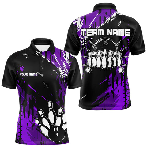 Maxcorners Black and Purple Mens bowling shirts Custom retro bowling ball and pins bowling team league jerseys LM1109