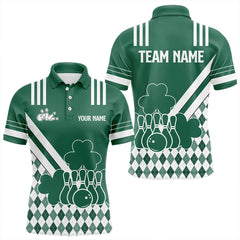 Maxcorners Green And White Argyle Pattern Shamrock St Patrick'S Day Men And Women Bowling Shirts Custom Bowling Team Jersey