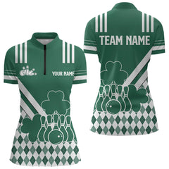 Maxcorners Green And White Argyle Pattern Shamrock St Patrick'S Day Men And Women Bowling Shirts Custom Bowling Team Jersey