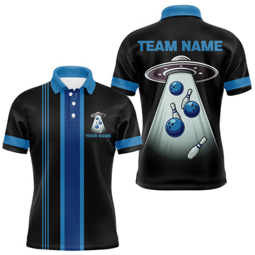 Maxcorners Black and Blue ufo alien Retro Bowling Polo, Quarter Zip Shirts for men Custom Bowling Team Jersey