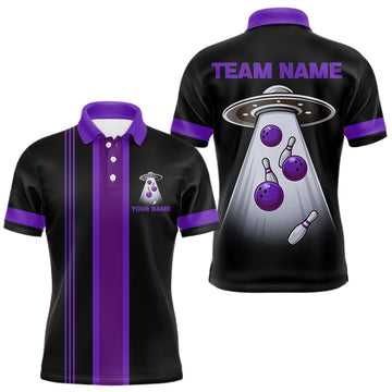 Maxcorners Black and Purple ufo alien Retro Bowling Polo, Quarter Zip Shirts for men Custom Bowling Team Jersey