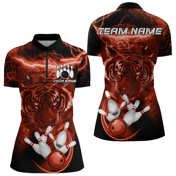 Maxcorners Personalized Red Lightning Thunder Storm Tiger Bowling Shirts For Men Custom Bowling Team