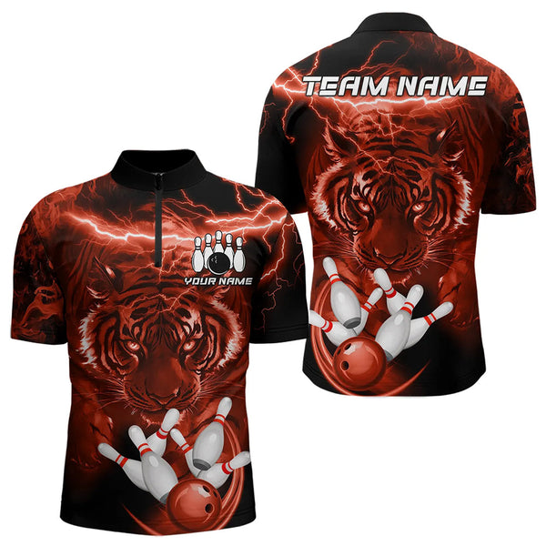 Maxcorners Personalized Red Lightning Thunder Storm Tiger Bowling Shirts For Men Custom Bowling Team