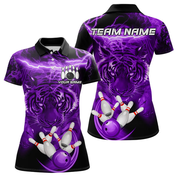 Maxcorners Personalized Purple Lightning Thunder Storm Tiger Bowling Shirts For Men Custom Bowling Team Jerseys