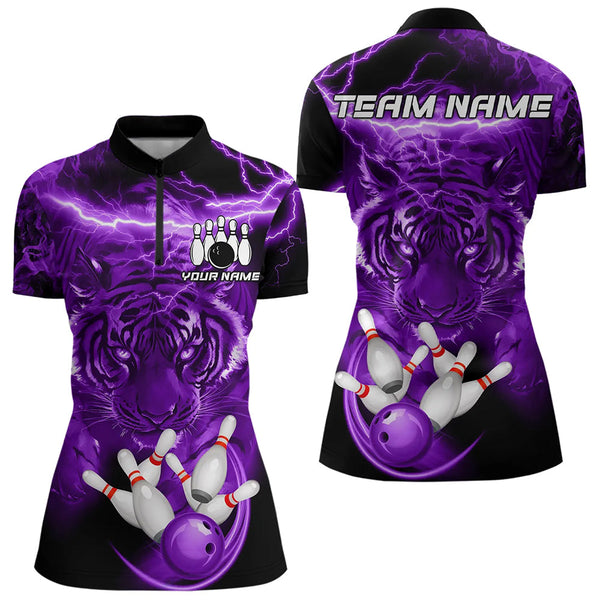 Maxcorners Personalized Purple Lightning Thunder Storm Tiger Bowling Shirts For Men Custom Bowling Team Jerseys