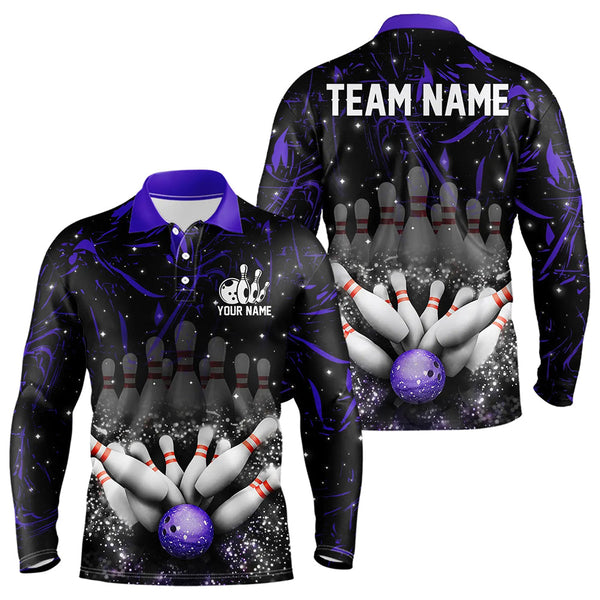 Maxcorners Personalized Black and Purple Camo Bowling Polo, Quarter Zip Shirts For Men Custom Bowling Team Jersey