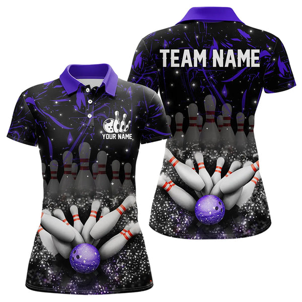 Maxcorners Personalized Black and Purple Camo Bowling Polo, Quarter Zip Shirts For Men Custom Bowling Team Jersey