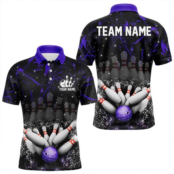 Maxcorners Personalized Black and Purple Camo Bowling Polo, Quarter Zip Shirts For Men Custom Bowling Team Jersey