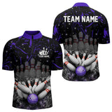 Maxcorners Personalized Black and Purple Camo Bowling Polo, Quarter Zip Shirts For Men Custom Bowling Team Jersey