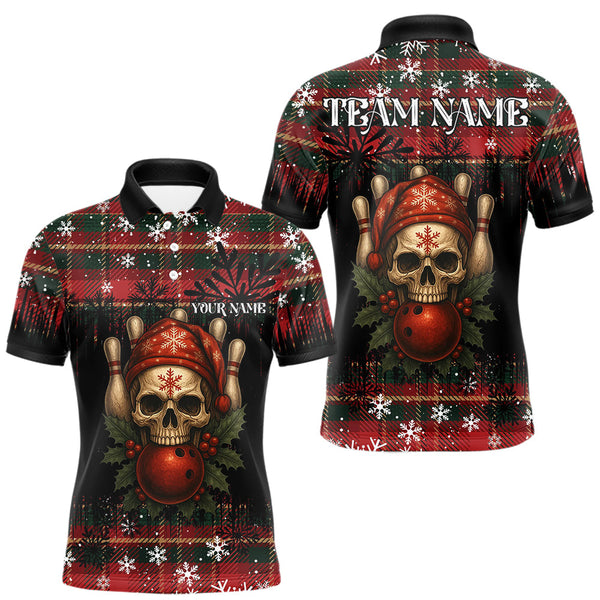 Maxcorners Black & Red Plaid Christmas pattern Skull Bowling Shirts For Men Custom Team Bowling outfit jerseys TU1011