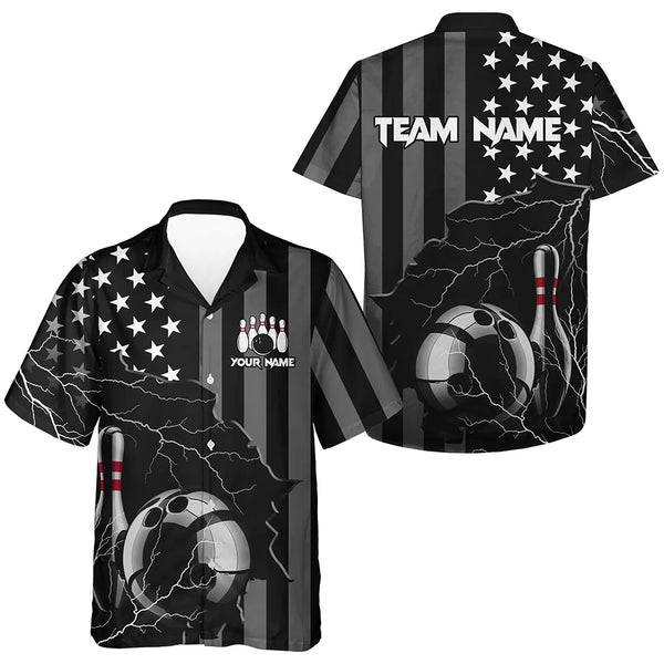 Maxcorners Personalized Black American Flag Lightning Thunder Custom Bowling Team Shirts For Mens Bowling Jersey