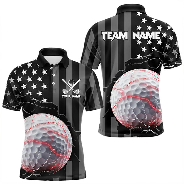 Maxcorners Personalized Black American Flag Lightning Thunder Custom Golf Polo Team Shirts For Men Golf Apparel