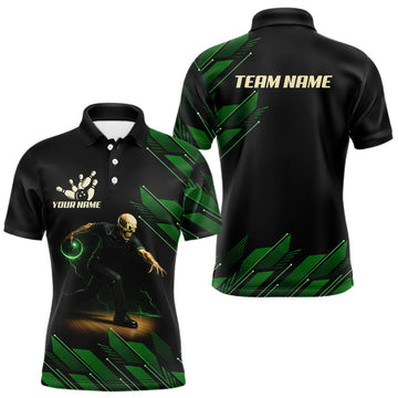 Maxcorners Black and Green Camo Skull Lightning Bowling Polo, 1/4 zip shirts for Men Custom Team bowling Jersey