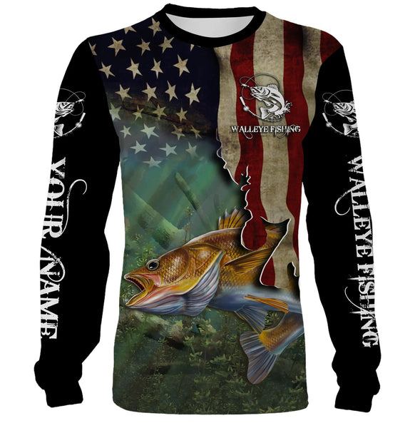 Maxcorners Walleye Fishing American Flag Patriotic Customize Name 3D Shirts