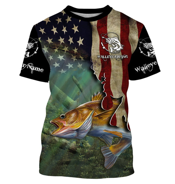 Maxcorners Walleye Fishing American Flag Patriotic Customize Name 3D Shirts