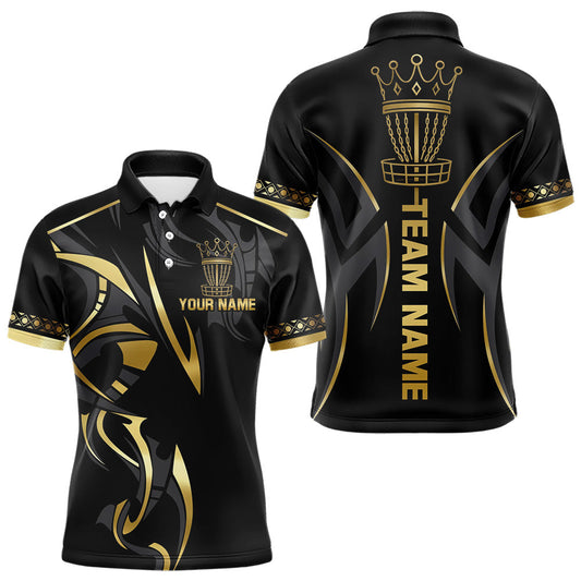 Maxcorners Black and Gold crown Disc golf polo shirts for Mens Custom Disc Golf Team jerseys, disc golf gifts LM3006