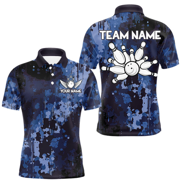 Maxcorners Blue Camo Bowling Polo, Quarter Zip Shirts For Men Custom Bowling Team Jerseys, Gift For Bowlers MT1408