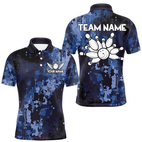 Maxcorners Blue Camo Bowling Polo, Quarter Zip Shirts For Men Custom Bowling Team Jerseys, Gift For Bowlers MT1408