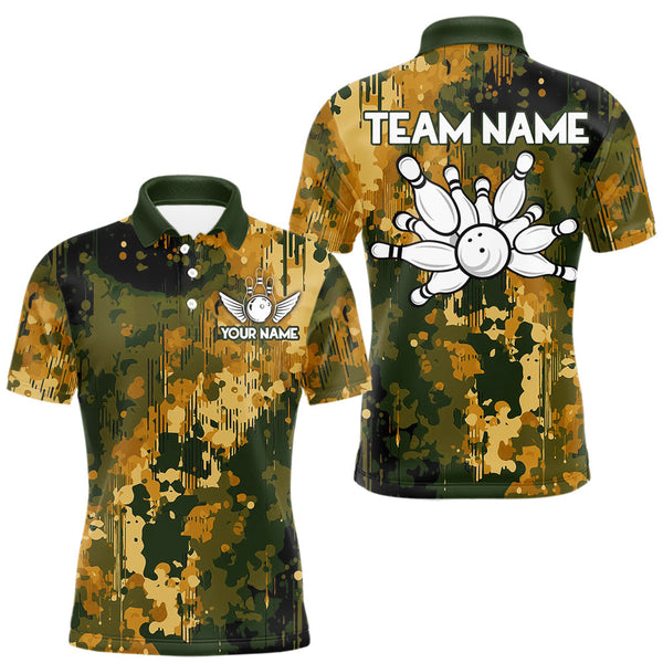 Maxcorners Yellow Camo Bowling Polo, Quarter Zip Shirts For Men Custom Bowling Team Jerseys, Gift For Bowlers MT1408