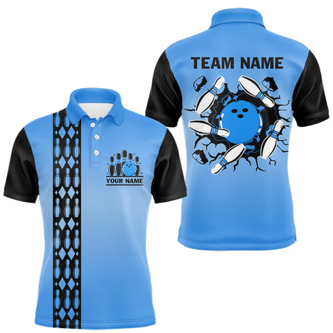 Maxcorners Personalized Black and Blue Retro Bowling Polo, Quarter Zip Team Shirts For Men Custom Bowling Gifts MT1408
