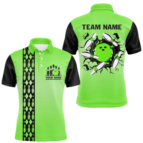 Maxcorners Personalized Black and Green Retro Bowling Polo, Quarter Zip Team Shirts For Men Custom Bowling Gifts MT1408
