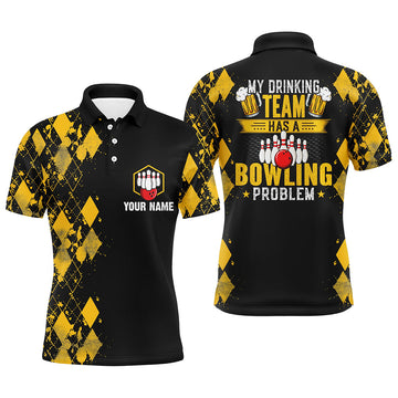 Maxcorners Funny Yellow Argyle Bowling Beer Polo Shirts Custom My Drinking Team Has A Bowling Problem For Men And Women