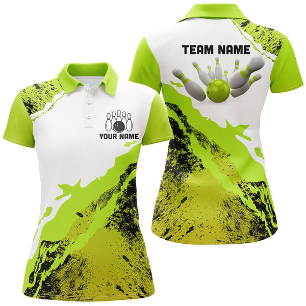 Maxcorners Green grunge Women Bowling shirts Custom Bowling ball and pins Team league Jerseys, gifts for bowlers