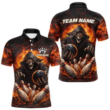 Maxcorners Personalized Skull Bowling Polo, 1/4 zip Jerseys for Men Custom Black and Orange Bowling Team shirts LM1501