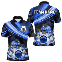 Maxcorners Personalized Black And Blue Smoke Flame Bowling Polo, 1/4 Zip Shirts For Men, Cool Bowling Jerseys