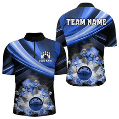 Maxcorners Personalized Black And Blue Smoke Flame Bowling Polo, 1/4 Zip Shirts For Men, Cool Bowling Jerseys