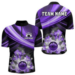 Maxcorners Personalized Black And Purple Smoke Flame Bowling Polo, 1/4 Zip Shirts For Men, Cool Bowling Jerseys