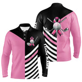 Maxcorners Black and Pink ribbon golf ball clubs Men golf polo shirts custom Breast Cancer awareness golf shirts