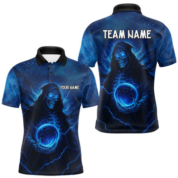 Maxcorners Blue Thunder Lightning Skull Reaper Bowling Shirts For Men Custom Team Bowling Jerseys For Bowlers